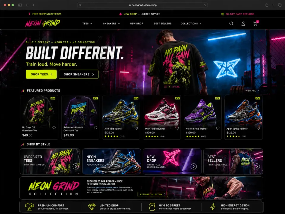 Página de inicio del tema Neon GrindX en una tienda online de Katalo