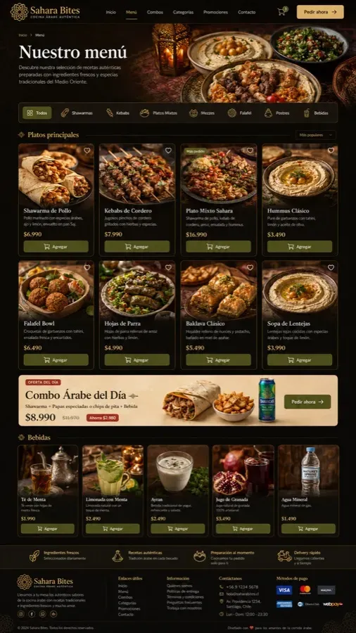 Página de inicio del tema Sahara Bites en una tienda online de Katalo