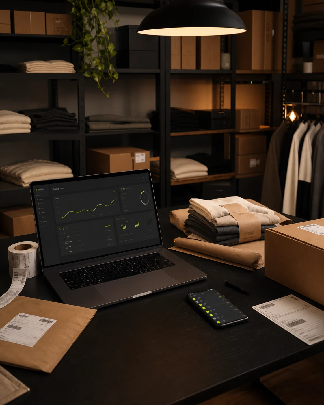 Mesa de trabajo con productos, paquetes y el panel de una tienda Katalo